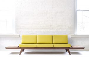 Mid Century Modern Sofa - Couch With Ottoman, Black Walnut Side Tables, And Custom Upholstery