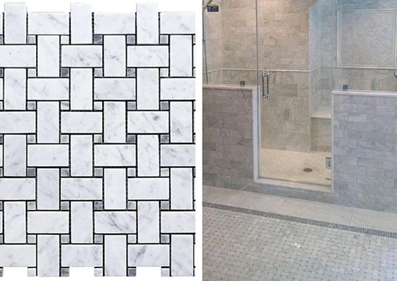 leedy interiors tile on a budget Carrara Bianco Polished Basketweave Bardiglio Dot Mosaic