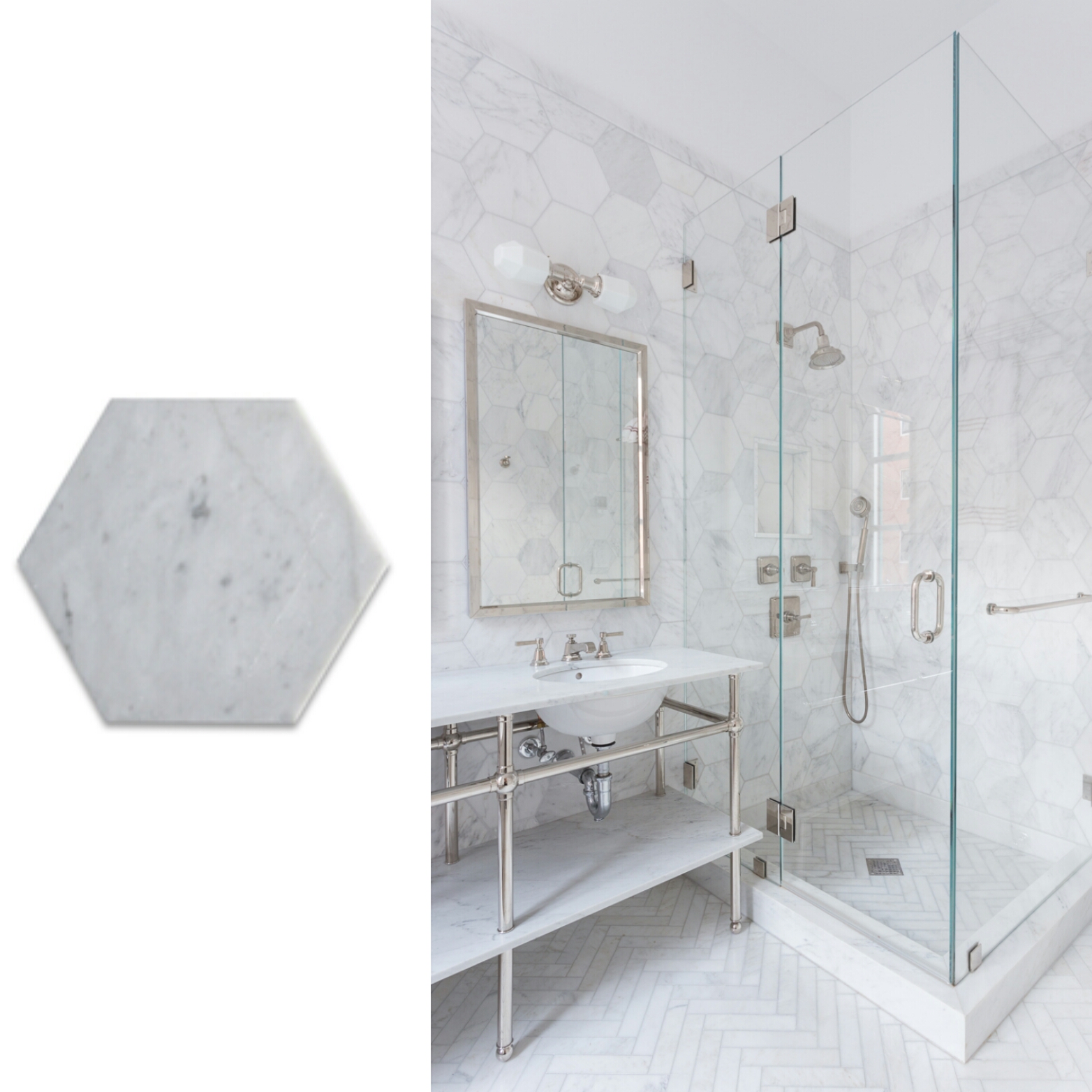 leedy interiors tile on a budget Hexagon 8” Oriental White Honed